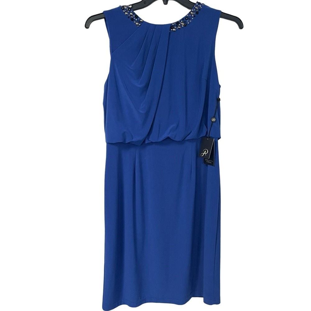 NWT Adrianna Papell Royal Blue Beaded Neckline Blouson Sheath Dress Size 10
